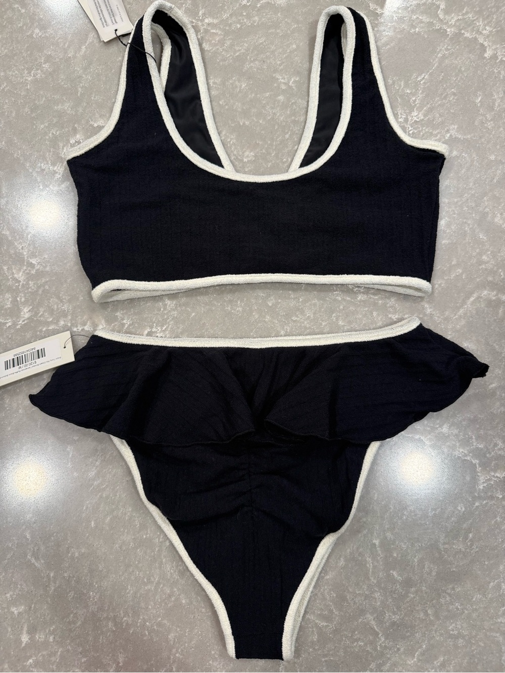 Montce Olivia Culpo Black Cream White Terry Rib Bikini Set Medium NWT - Picture 2 of 6